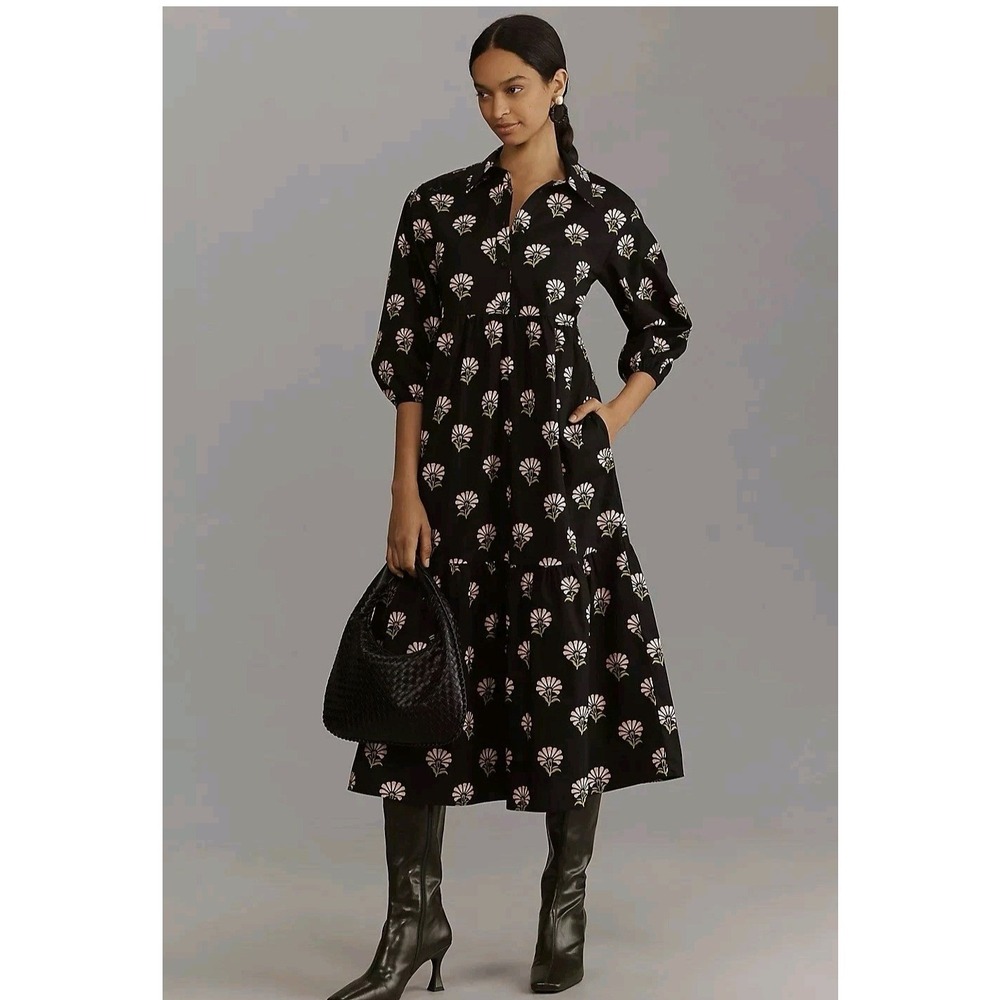 Maeve Bettina Black Floral Cotton Tiered Midi Shirt Dress SP Cottage Prairie Mod